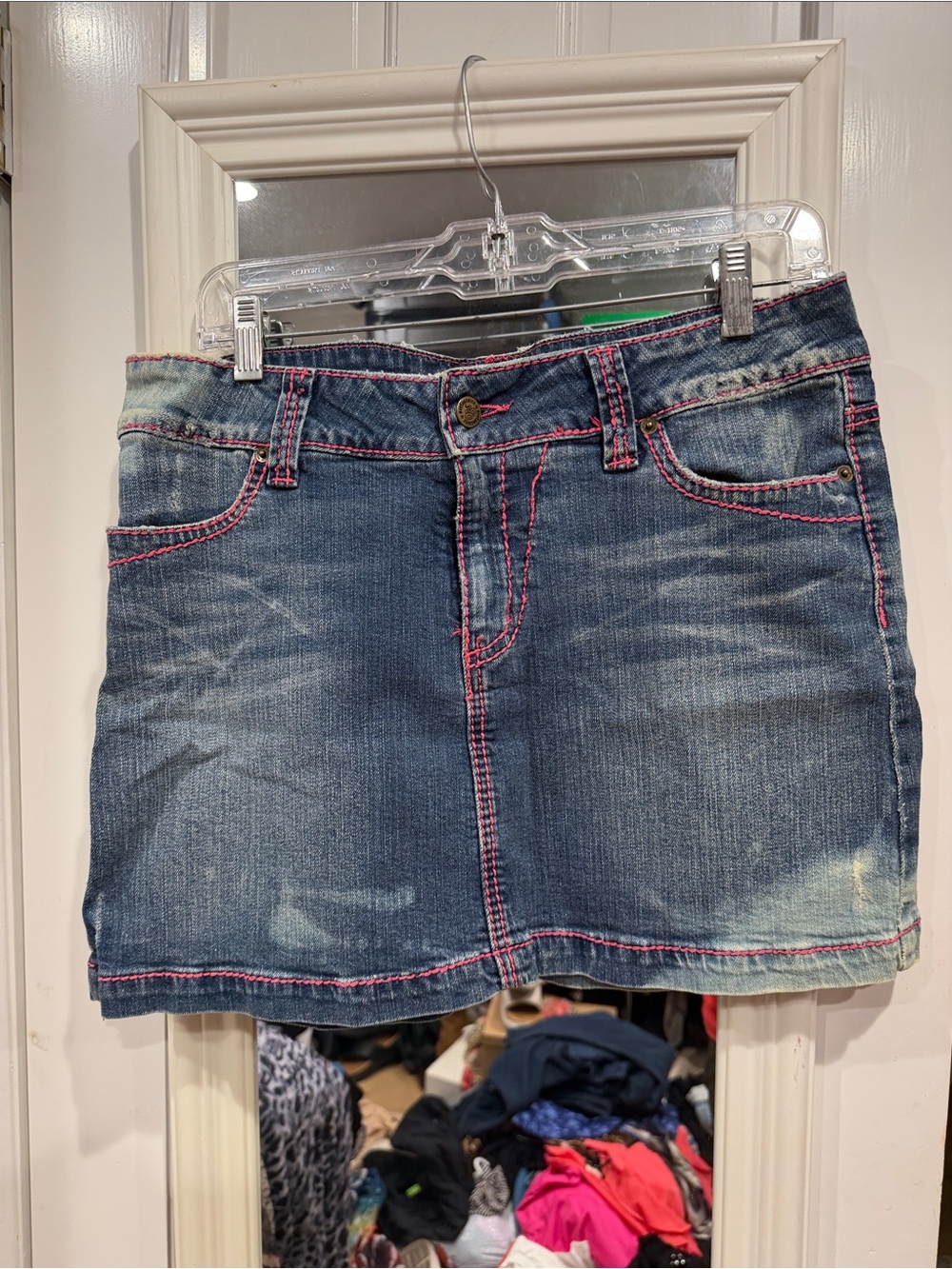 Serfontaine Blue Denim Mini Skirt with Pink Stitching